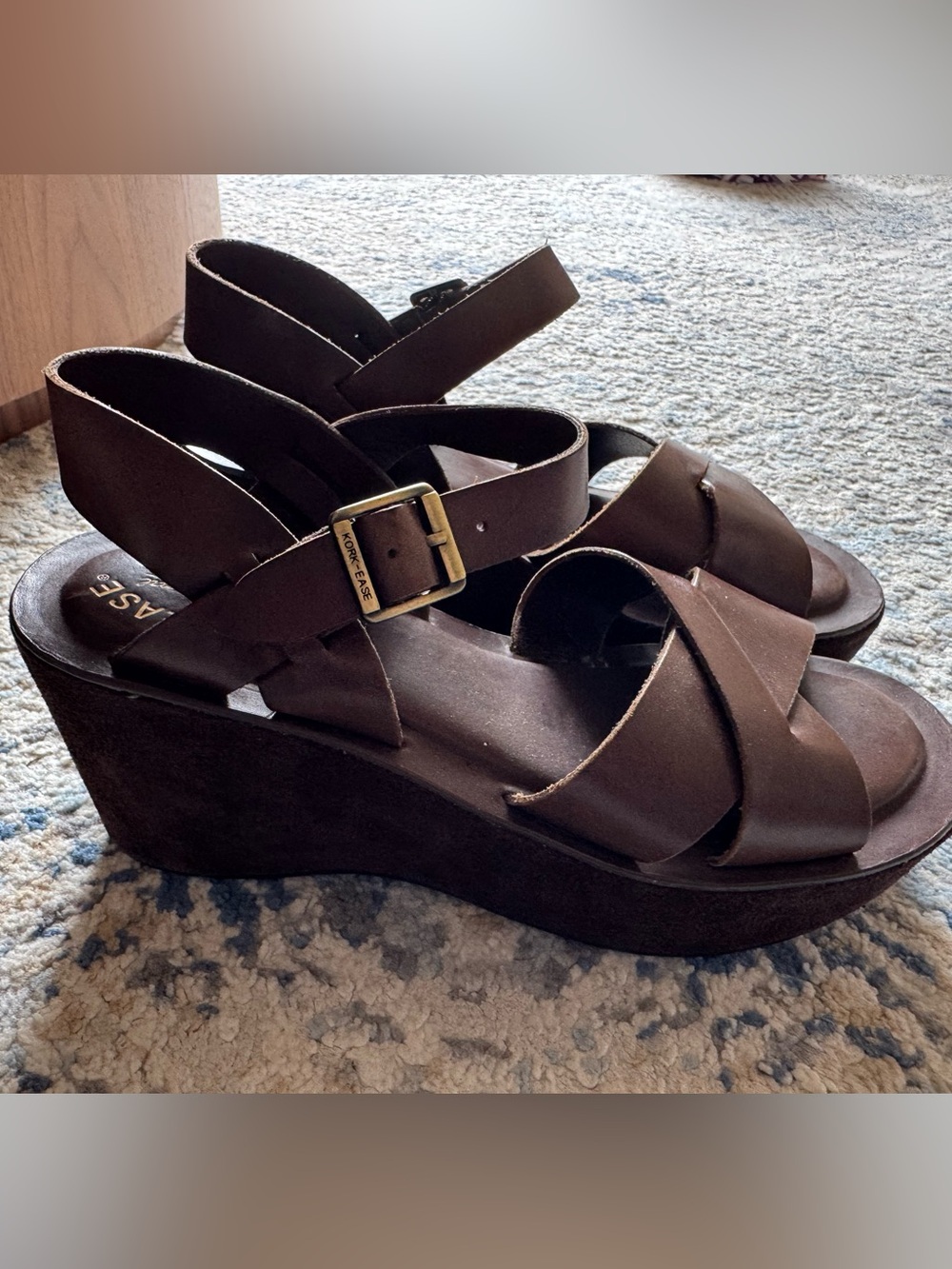 Kork-Ease Dark Brown Leather Crisscross Wedge Sandals